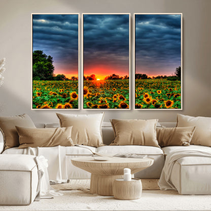 45045-MGV-CV-36X24-Sunflower Field Sunset Wall Art – Dramatic Stormy Sky Landscape Print, Vibrant Yellow Floral Nature Canvas for Living Room,