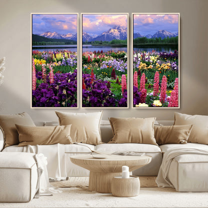 82270-MGV-CV-36X24-Colorful Wildflower Meadow Landscape Wall Art – Snow-Capped Mountain Lake Sunset Print, Vibrant Nature Artwork for Living Room,