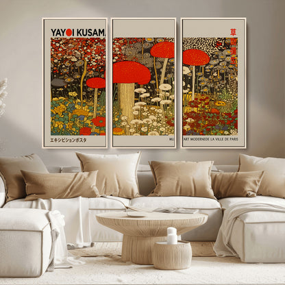 38013-MGV-CV-36X24-Yayoi Kusama Inspired Mushroom Garden Wall Art – Whimsical Botanical Canvas Print, Surreal Nature Poster, Fantasy Floral Artwork