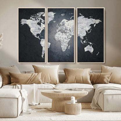 19124-MGV-CV-36X24-Modern World Map Wall Art – Black and White Canvas Print, Minimalist Global Map Decor for Office, Study, Bedroom or Living Room