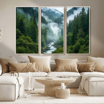 69453-MGV-CV-36X24-Mountain Forest Wall Art – Misty River and Evergreen Landscape Canvas Print, Nature Photography Poster for Living Room, Bedroom,
