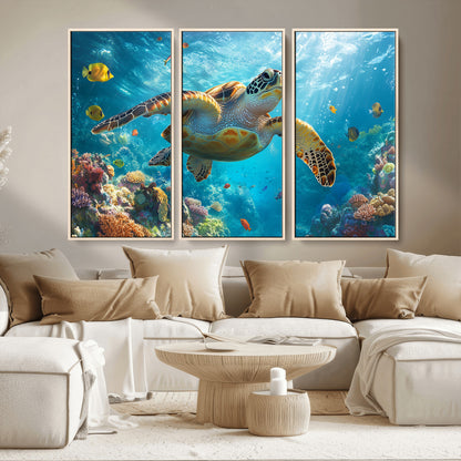 37623-MGV-FC-48X32-3P_Natural-Sea Turtle Wall Art – Underwater Ocean Canvas Print with Coral Reef and Tropical Fish, Marine Life Painting Poster for Living