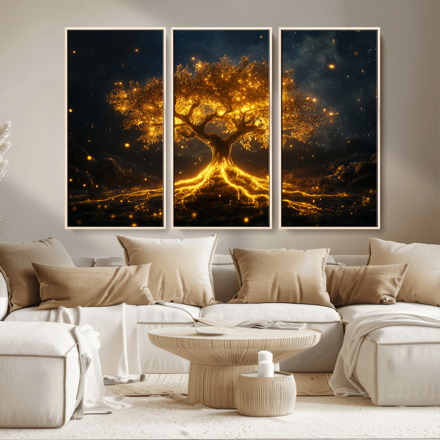 60194-MGV-CV-36X24-Glowing Tree Wall Art – Golden Roots Fantasy Canvas Print, Mystical Illuminated Tree Painting Poster for Living Room, Bedroom,