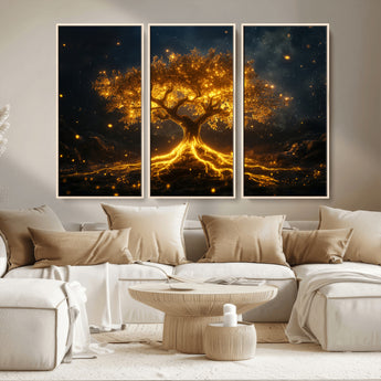 60194-MGV-CV-36X24-Glowing Tree Wall Art – Golden Roots Fantasy Canvas Print, Mystical Illuminated Tree Painting Poster for Living Room, Bedroom,