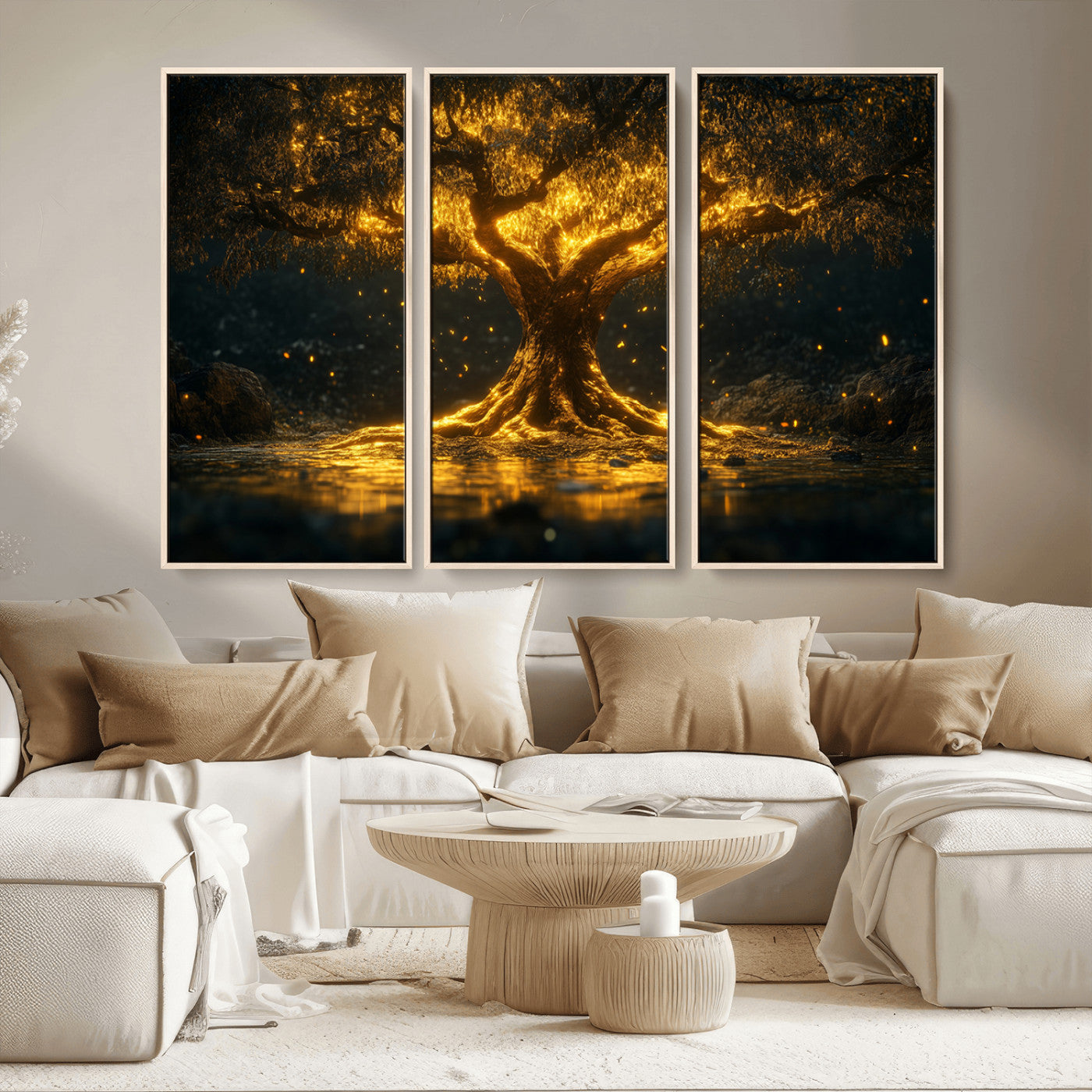 59580-MGV-CV-36X24-Glowing Tree Wall Art – Golden Fantasy Nature Canvas Print, Mystical Illuminated Tree Painting Poster for Living Room, Bedroom,