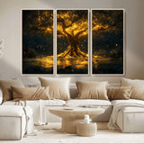 59580-MGV-CV-36X24-Glowing Tree Wall Art – Golden Fantasy Nature Canvas Print, Mystical Illuminated Tree Painting Poster for Living Room, Bedroom,