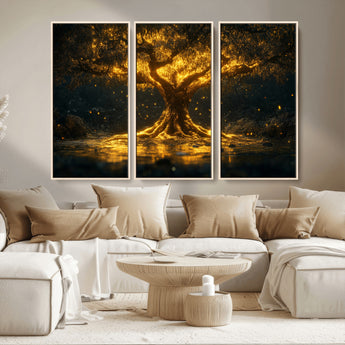 59580-MGV-CV-36X24-Glowing Tree Wall Art – Golden Fantasy Nature Canvas Print, Mystical Illuminated Tree Painting Poster for Living Room, Bedroom,