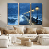 32668-MGV-CV-36X24-Stormy Pier Wall Art – Ocean Waves and Street Lamps Canvas Print, Rainy Night Seascape Oil Painting Poster for Living Room,