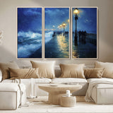 76572-MGV-CV-36X24-Stormy Night Pier Wall Art – Ocean Waves and Street Lamps Canvas Print, Rainy Seascape Oil Painting Poster for Living Room,