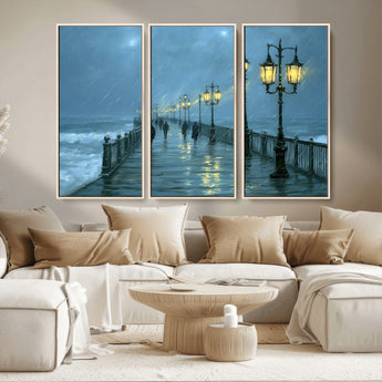 79606-MGV-CV-36X24-Rainy Pier Night Wall Art – Ocean Waves and Street Lamps Canvas Print, Moody Seascape Oil Painting Poster for Living Room,