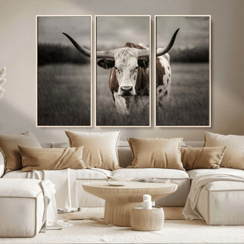 69238-MGV-CV-36X24-Longhorn Bull Wall Art – Rustic Black and White Texas Cattle Canvas Print, Western Farmhouse Animal Photography for Living Room,