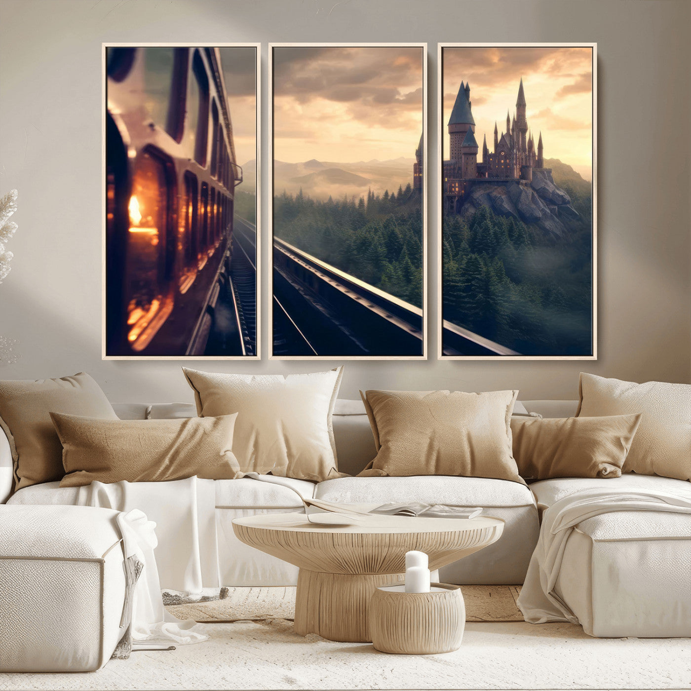 84029-MGV-CV-36X24-Fantasy Castle Wall Art – Magical Train Sunset Forest Canvas Print, Enchanted Landscape Painting Poster for Living Room, Bedroom,