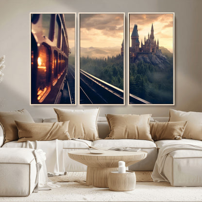 84029-MGV-CV-36X24-Fantasy Castle Wall Art – Magical Train Sunset Forest Canvas Print, Enchanted Landscape Painting Poster for Living Room, Bedroom,