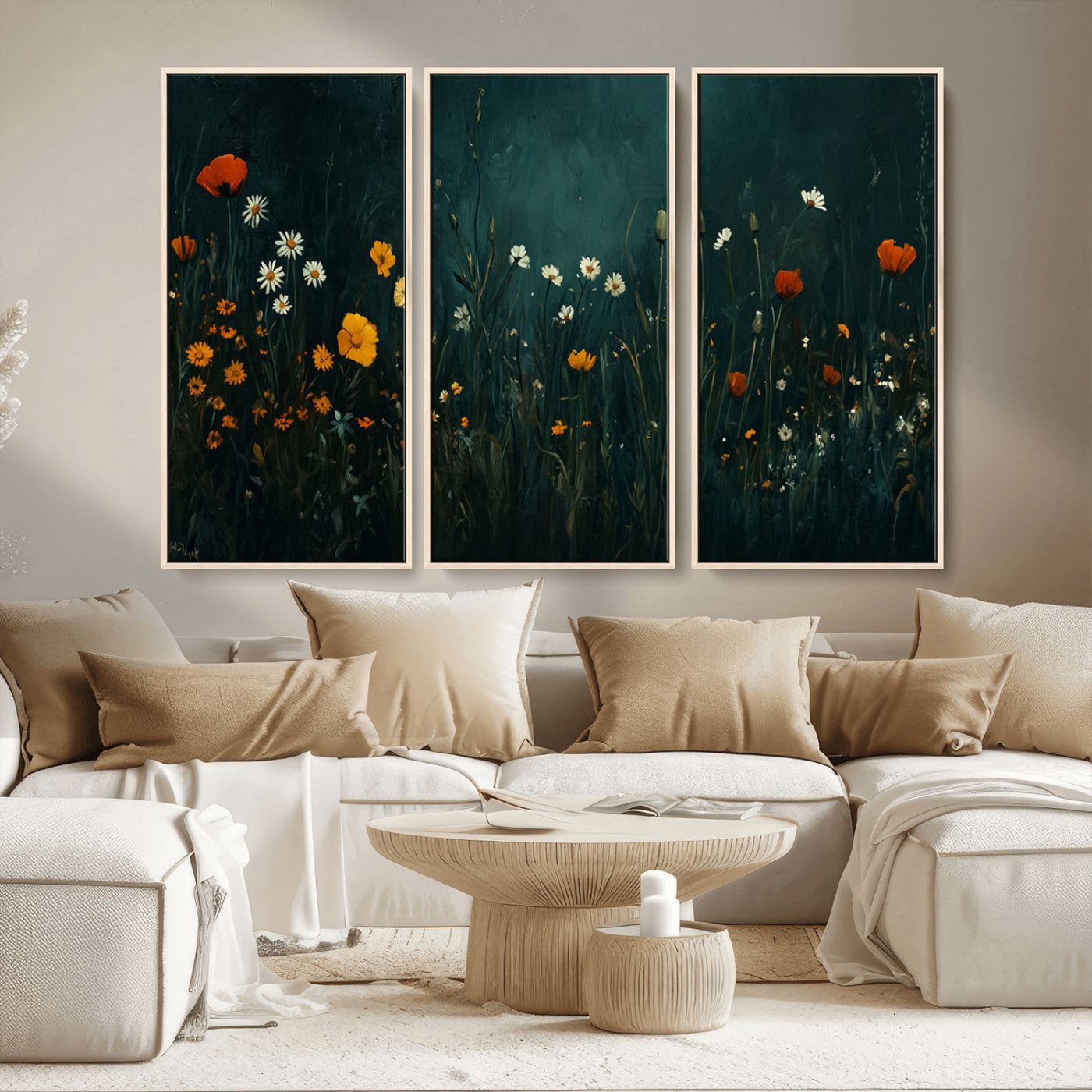 87037-MGV-CV-36X24-Wildflower Wall Art – Dark Botanical Floral Canvas Print, Modern Nature Painting Poster with Daisies Poppies Orange Flowers for