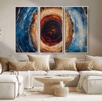 30457-MGV-CV-36X24-Tree Ring Abstract Wall Art – Blue and Brown Wood Grain Canvas Print, Modern Nature Inspired Painting for Rustic Living Room,