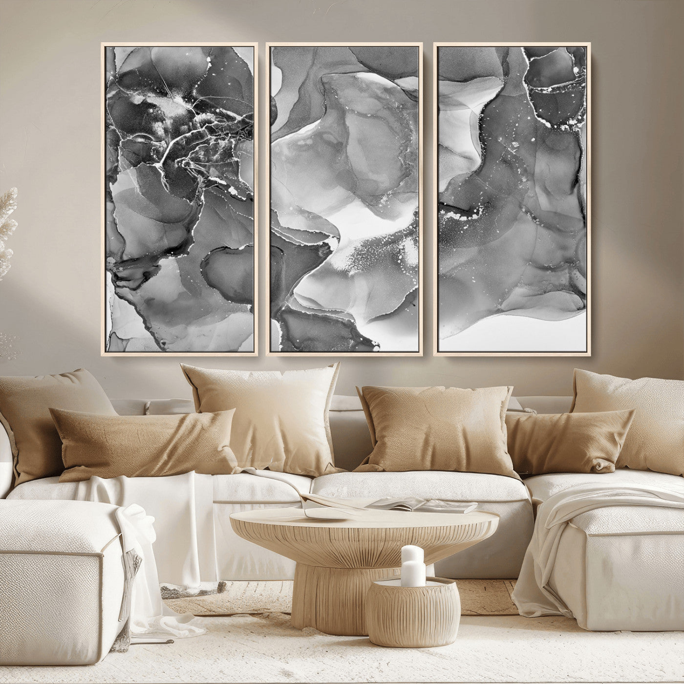 15911-MGV-FC-48X32-3P_Natural-Black and White Abstract Wall Art – Modern Ink Swirl Canvas Print, Minimalist Contemporary Painting for Living Room, Bedroom,