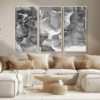 15911-MGV-FC-48X32-3P_Natural-Black and White Abstract Wall Art – Modern Ink Swirl Canvas Print, Minimalist Contemporary Painting for Living Room, Bedroom,