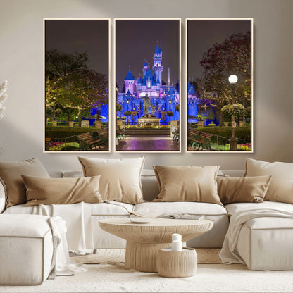 63560-MGV-CV-36X24-Fairy Tale Castle Wall Art – Magical Night Scene Canvas Print with Lights and Gardens, Fantasy Architecture Artwork for Living