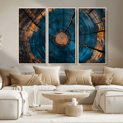13398-MGV-CV-36X24-Tree Ring Wall Art – Abstract Wood Grain Canvas Print with Blue and Orange Accents, Rustic Nature Inspired Artwork for Living