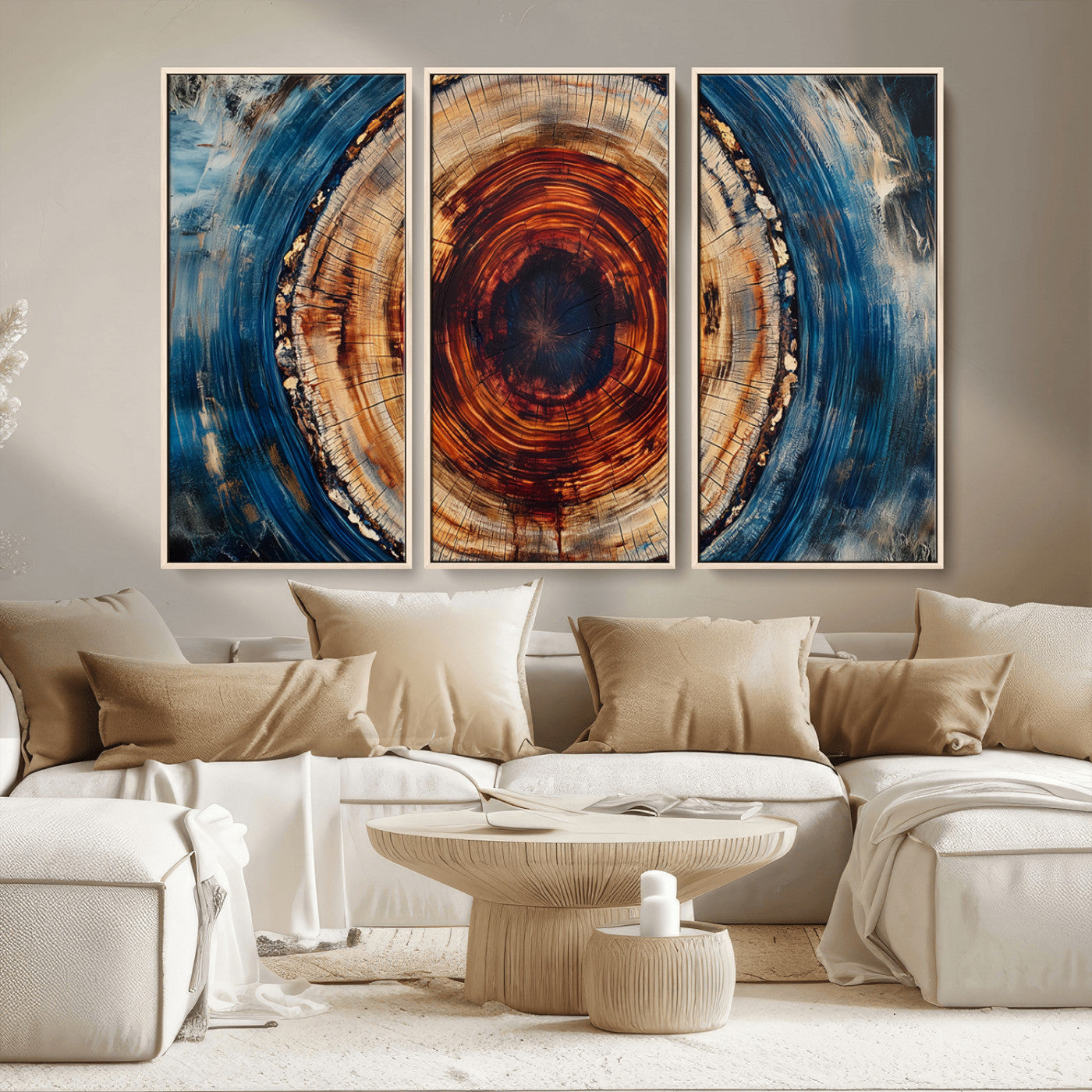 90395-MGV-CV-36X24-Tree Ring Wall Art – Abstract Wood Grain Canvas Print with Fiery Red and Blue Tones, Bold Rustic Nature Inspired Artwork Decor for