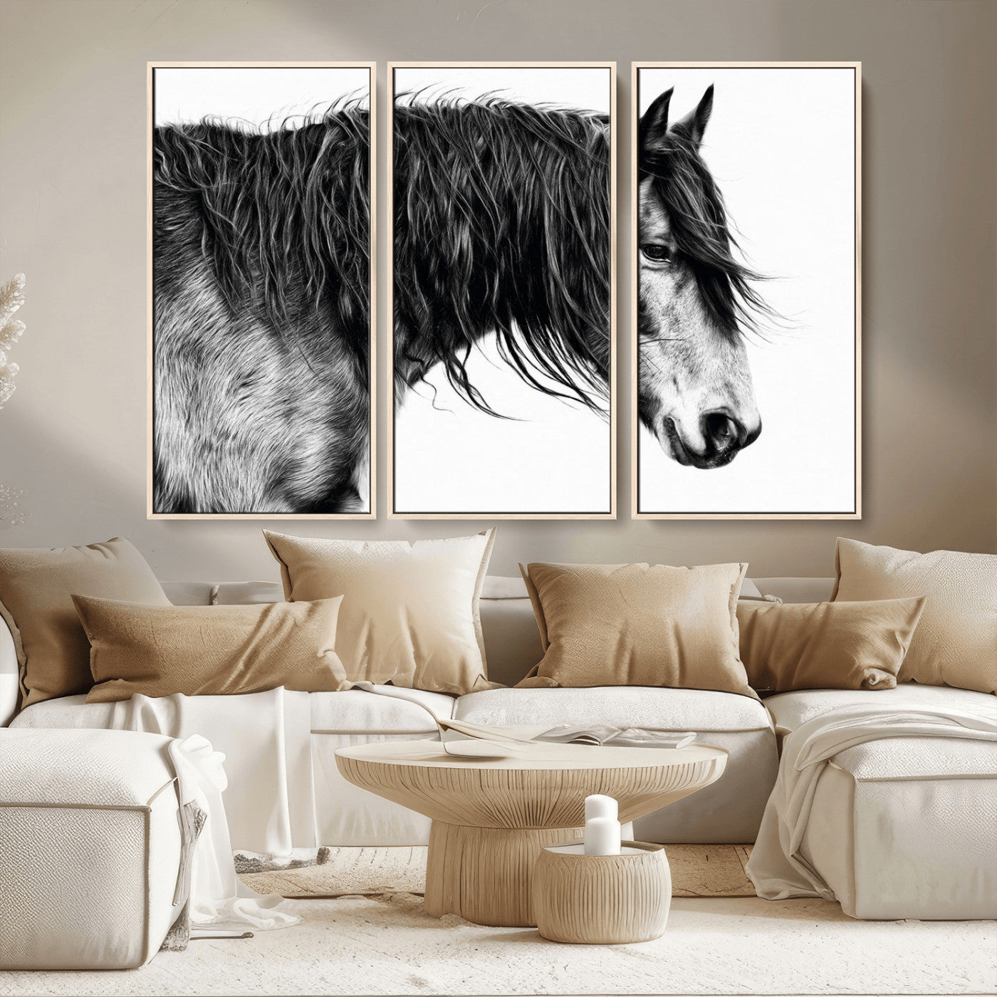 57694-MGV-FC-48X32-3P_Natural-Horse Portrait Wall Art – Black and White Canvas Print with Detailed Stallion Profile, Rustic Farmhouse Equestrian Artwork for