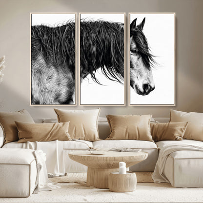 57694-MGV-FC-48X32-3P_Natural-Horse Portrait Wall Art – Black and White Canvas Print with Detailed Stallion Profile, Rustic Farmhouse Equestrian Artwork for
