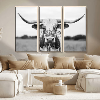 20272-MGV-CV-36X24-Highland Cow Wall Art – Black and White Western Longhorn Canvas Print, Farmhouse Living Room Decor Southwestern Animal Artwork for
