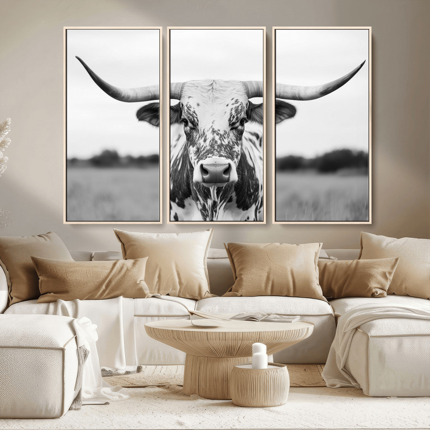 20272-MGV-CV-36X24-Texas Longhorn Wall Art – Black and White Cowboy Western Canvas Print, Rustic Farmhouse Cattle Photography Decor for Ranch, Barn