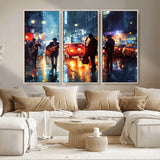 94605-MGV-CV-36X24-City Jazz Night Wall Art – Vibrant Music Canvas Print Featuring Saxophone, Guitar and Bass Players, Urban Street Scene Artwork for