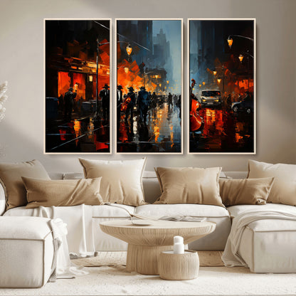 46538-MGV-CV-36X24-Urban Jazz Night Wall Art – Dramatic Music Canvas Print with Double Bass and Street Musicians, Modern City Scene Artwork for