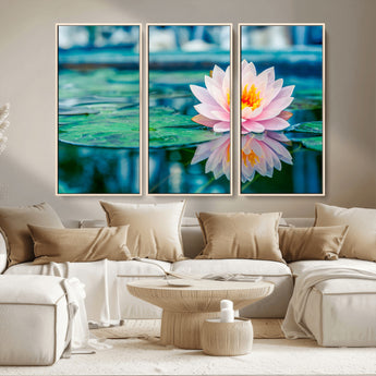 65933-MGV-CV-36X24-Pink Water Lily Wall Art – Lotus Flower Canvas Print with Reflection on Calm Water, Peaceful Botanical Artwork for Living Room,