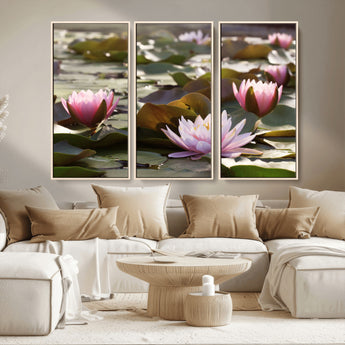 72218-MGV-CV-36X24-Water Lily Pond Wall Art – Pink Lotus Flowers Canvas Print with Green Lily Pads, Peaceful Botanical Artwork for Living Room,