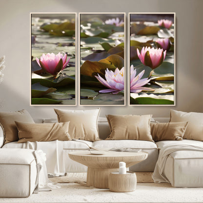 72218-MGV-CV-36X24-Water Lily Pond Wall Art – Pink Lotus Flowers Canvas Print with Green Lily Pads, Peaceful Botanical Artwork for Living Room,