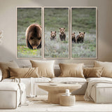 65087B-MGV-CV-36X24-Bear Family Wall Art – Wildlife Canvas Print Featuring Mother Bear with Cubs in Nature, Rustic Animal Artwork for Living Room,