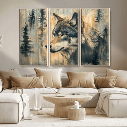 51892-MGV-CV-36X24-Wolf Wall Art – Rustic Canvas Print of Wolf with Forest Trees on Wood Texture, Wildlife Lodge Artwork for Living Room, Bedroom,