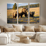 43400-MGV-CV-36X24-Bear Family Wall Art – Wildlife Canvas Print of Mother Bear with Cubs in Sunlit Meadow, Rustic Animal Artwork for Living Room,