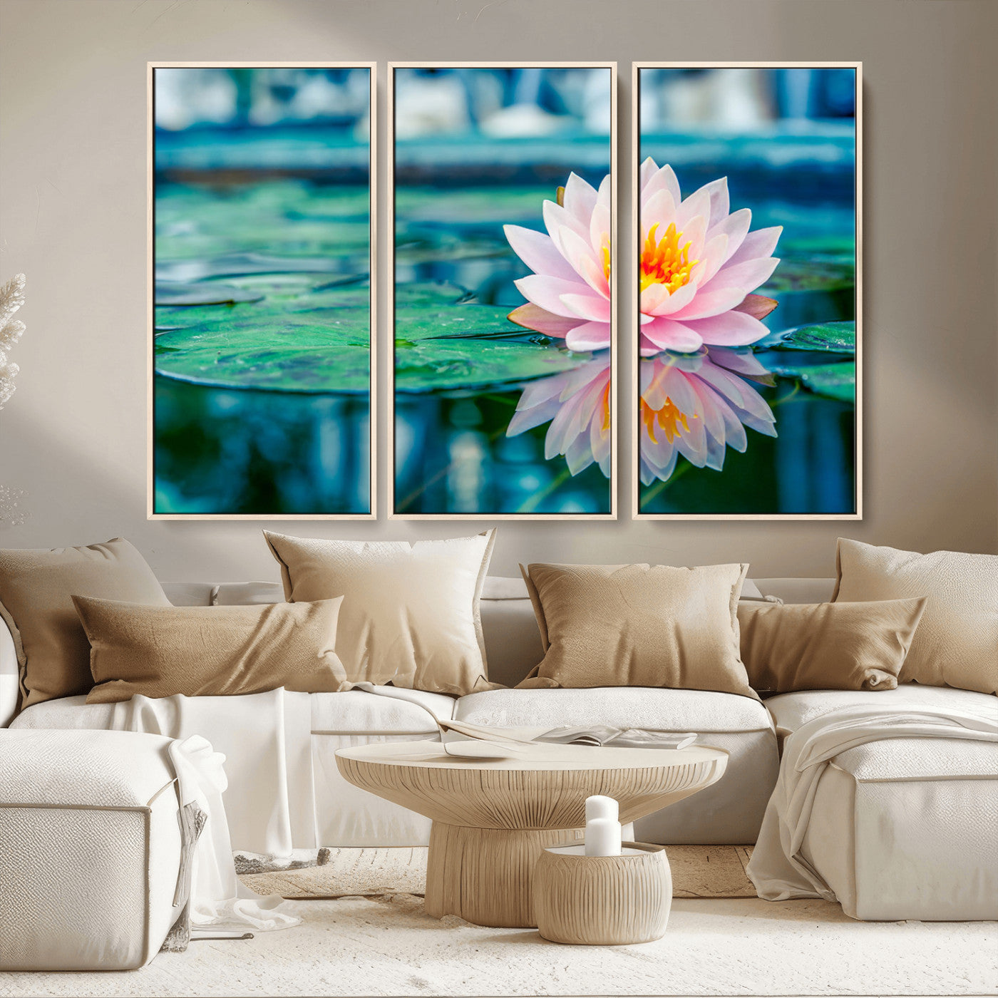 30320-MGV-CV-36X24-Pink Water Lily Wall Art – Lotus Flower Canvas Print with Reflection Water, Peaceful Botanical Artwork for Living Room, Bedroom,