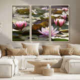 28394-MGV-CV-36X24-Water Lily Pond Wall Art – Pink Lotus Flowers Canvas Print with Green Lily Pads, Peaceful Botanical Artwork for Living Room,