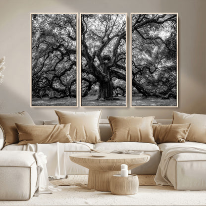 132944706-MGV-CV-36X24-Ancient Tree Wall Art – Black and White Photography Canvas Print Featuring Majestic Twisting Branches, Rustic Nature Artwork for