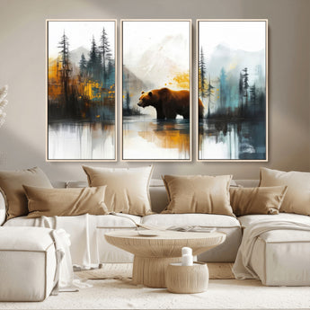 50308-MGV-CV-36X24-Abstract Rustic Bear Wall Art – Forest and Mountain Scene Canvas Print, Nature Artwork for Modern Farmhouse or Log Cabin Decor