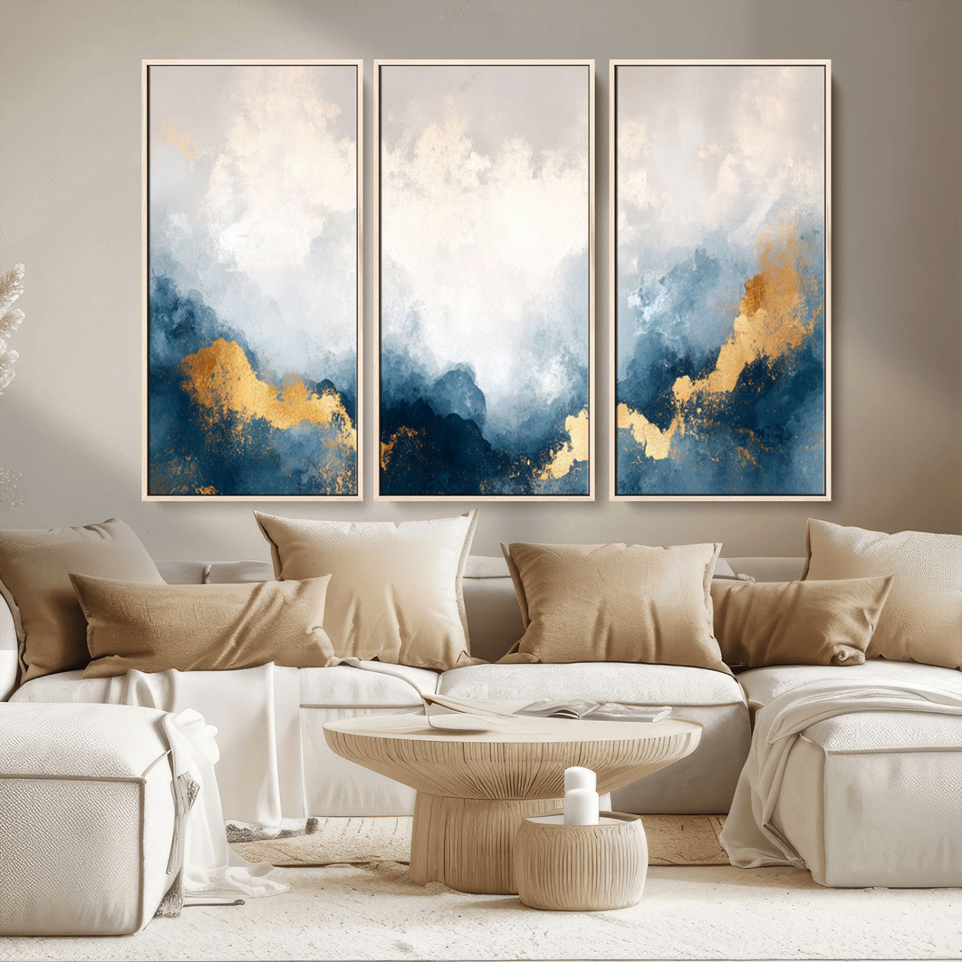 14578-MGV-CV-36X24-Abstract Wall Art – Modern Canvas Print Featuring Blue and White Clouds with Golden Accents, Contemporary Elegant Artwork for