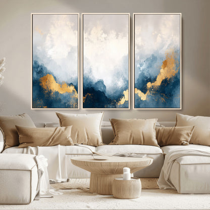 14578-MGV-CV-36X24-Abstract Wall Art – Modern Canvas Print Featuring Blue and White Clouds with Golden Accents, Contemporary Elegant Artwork for