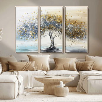 24771-MGV-CV-36X24-Silver Tree Wall Art Canvas Print, Framed Golden Leaves Art Picture Print, Metallic Tree Perfect Minimalist Luxury Decor Artwork