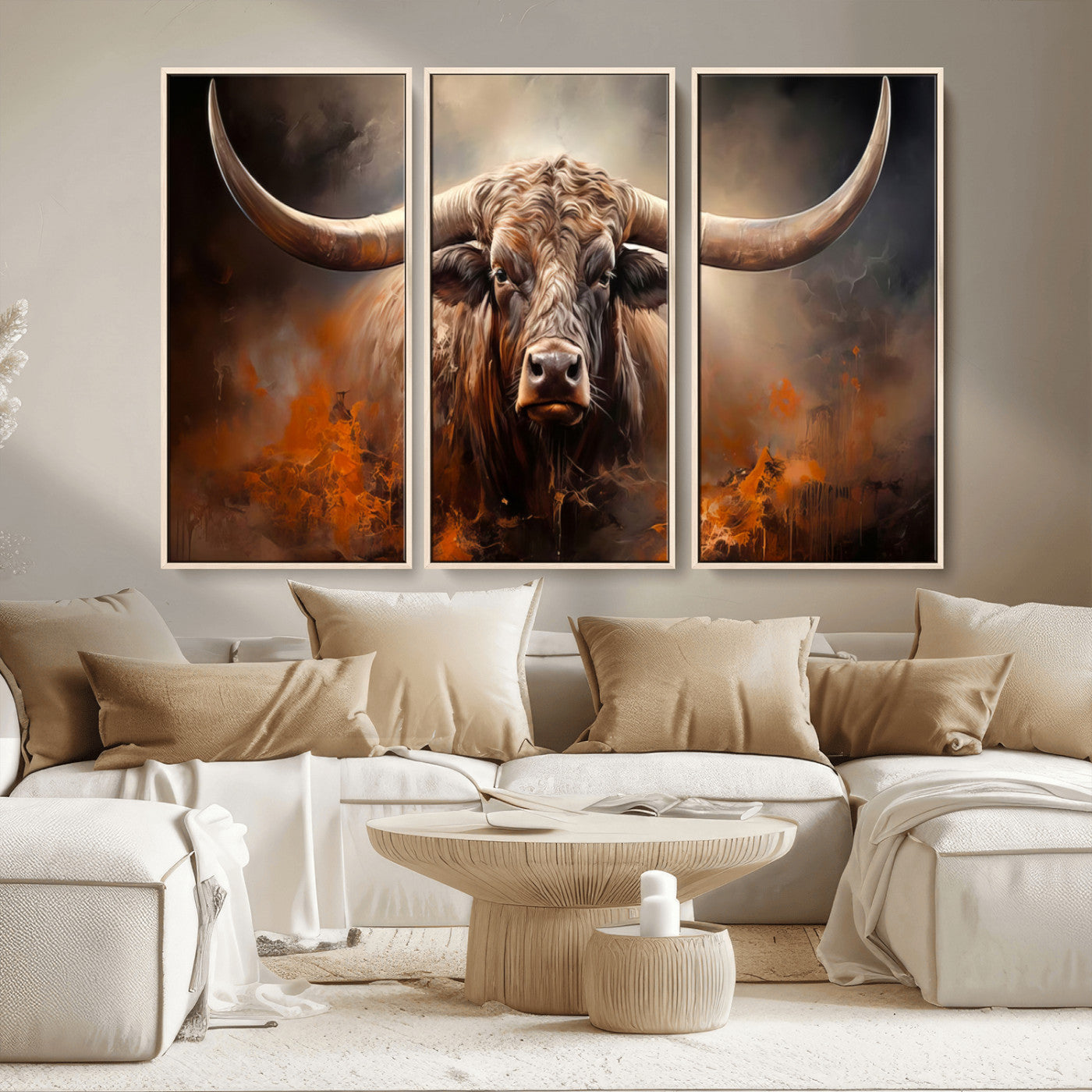 240479-MGV-CV-36X24-Longhorn Bull Wall Art – Dramatic Western Canvas Print Featuring Horned Bull with Fiery Background, Rustic Farmhouse Artwork for