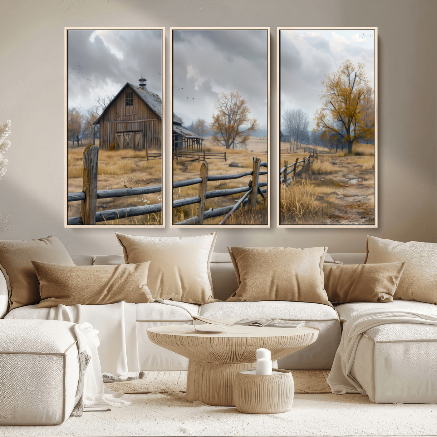 Farm1-MGV-CV-36X24-Rustic Autumn Farmhouse Wall Art – Serene Countryside Scene Canvas Print, Weathered Barn and Autumn Trees Decor for Living Room,