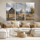 Farm1-MGV-CV-36X24-Rustic Autumn Farmhouse Wall Art – Serene Countryside Scene Canvas Print, Weathered Barn and Autumn Trees Decor for Living Room,