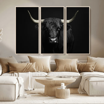 97914921-MGV-CV-36X24-Black Bull Wall Art Canvas Print, Framed Longhorn Bull Art Picture Print, Western Bull Perfect Monochrome Western Decor Artwork