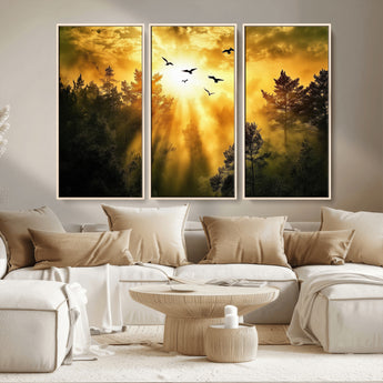13776802-MGV-CV-36X24-Golden Forest Wall Art Canvas Print, Framed Sunset Pines Art Picture Print, Flying Birds Perfect Nature Glow Decor Artwork