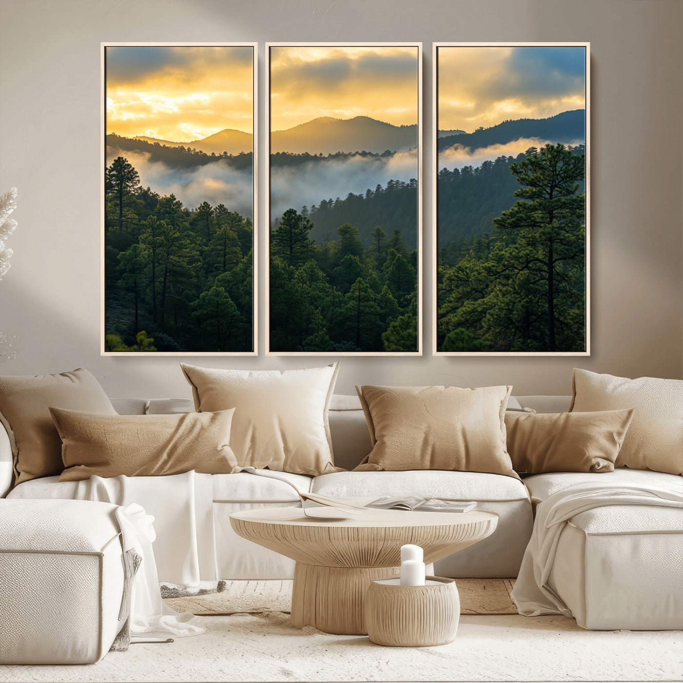 68082278-MGV-CV-36X24-Mountain Sunrise Wall Art Canvas Print, Framed Pine Forest Art Picture Print, Misty Mountains Perfect Earthy Woodland Decor