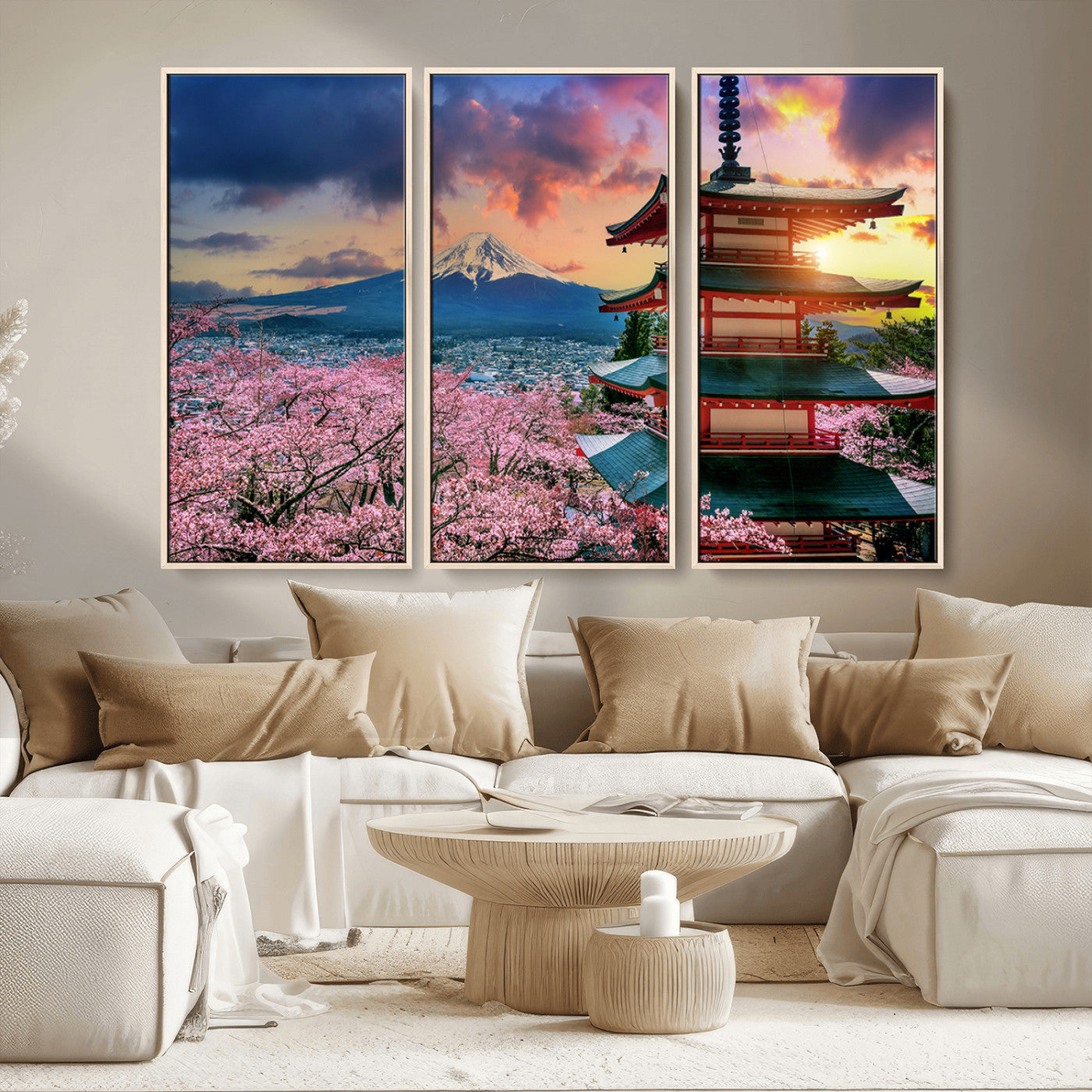 32331262-MGV-CV-36X24-Mount Fuji Japan Wall Art – Cherry Blossom Landscape Canvas Print, Chureito Pagoda Sunset Photography, Japanese Nature Travel